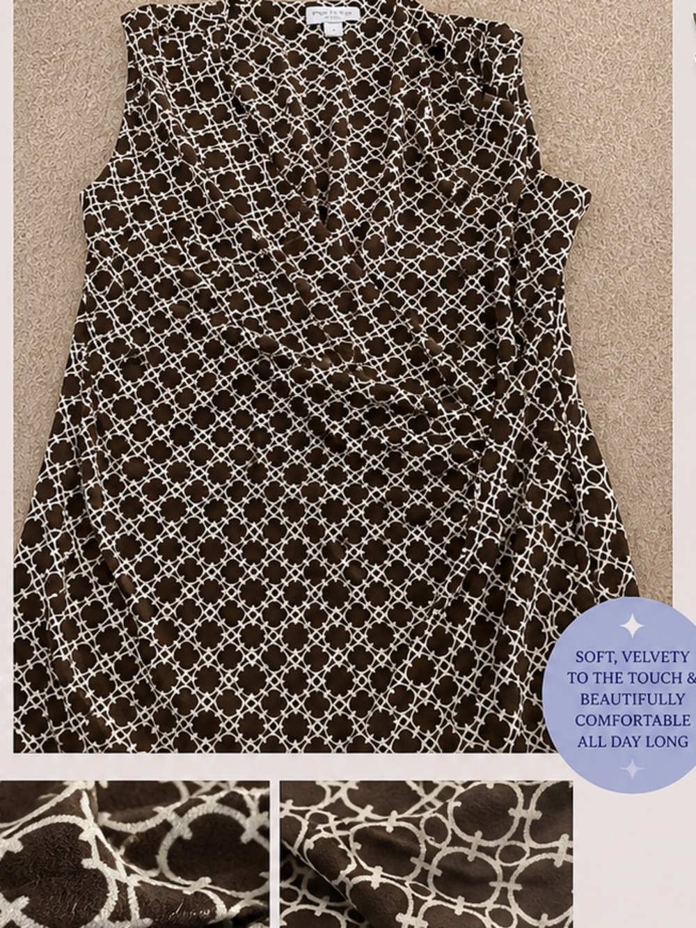 Charter Club Brown and White Geometric Sleeveless Blouse